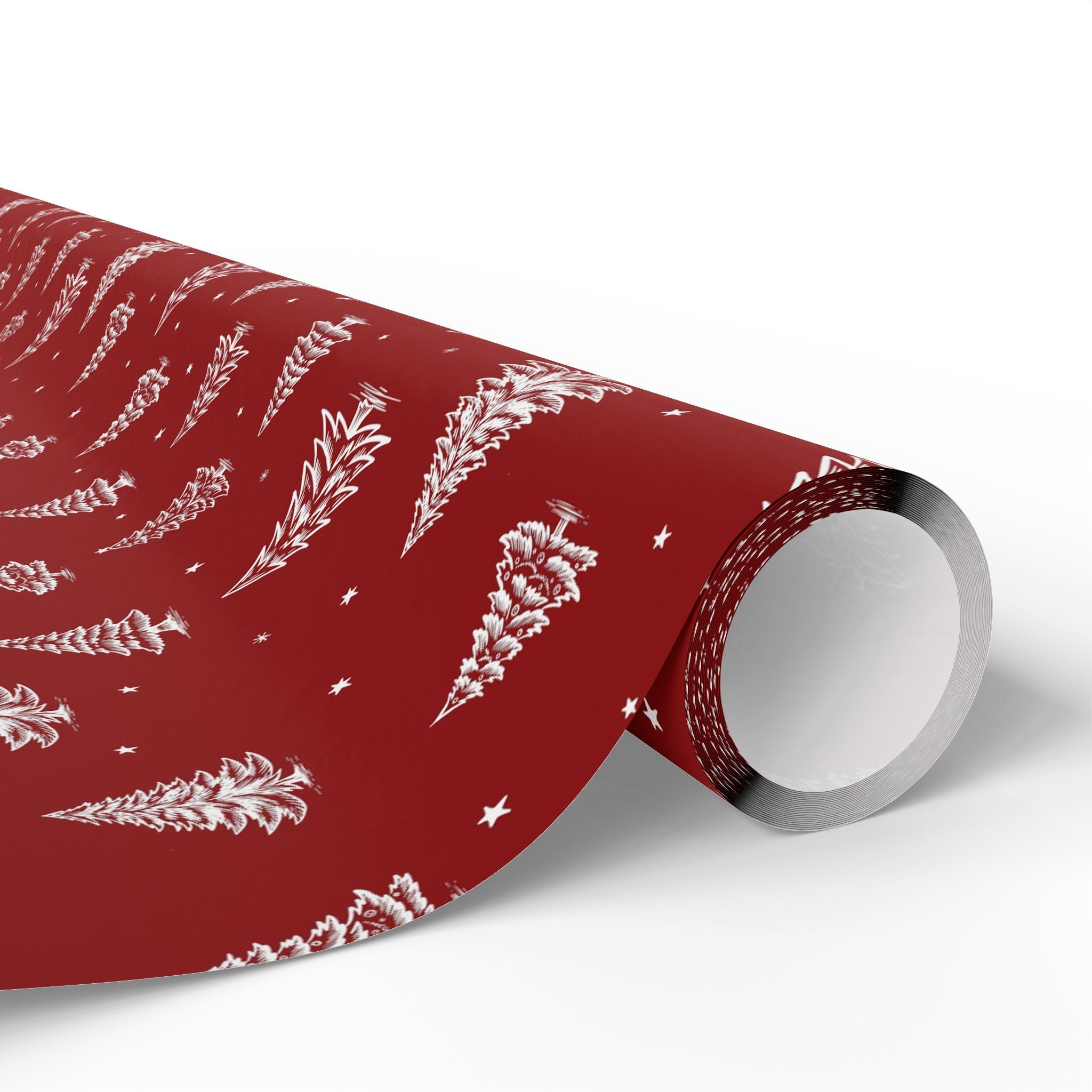 Christmas Wrapping Paper Roll - Festive Red Design with Trees & Stars - Love & Latte Co.