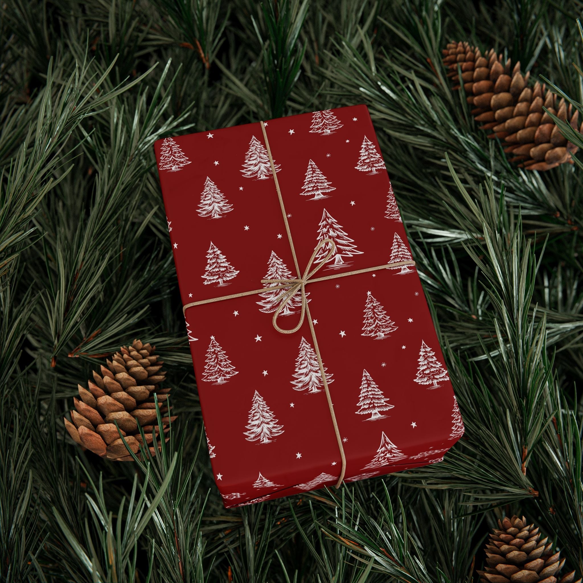Christmas Wrapping Paper Roll - Festive Red Design with Trees & Stars - Love & Latte Co.