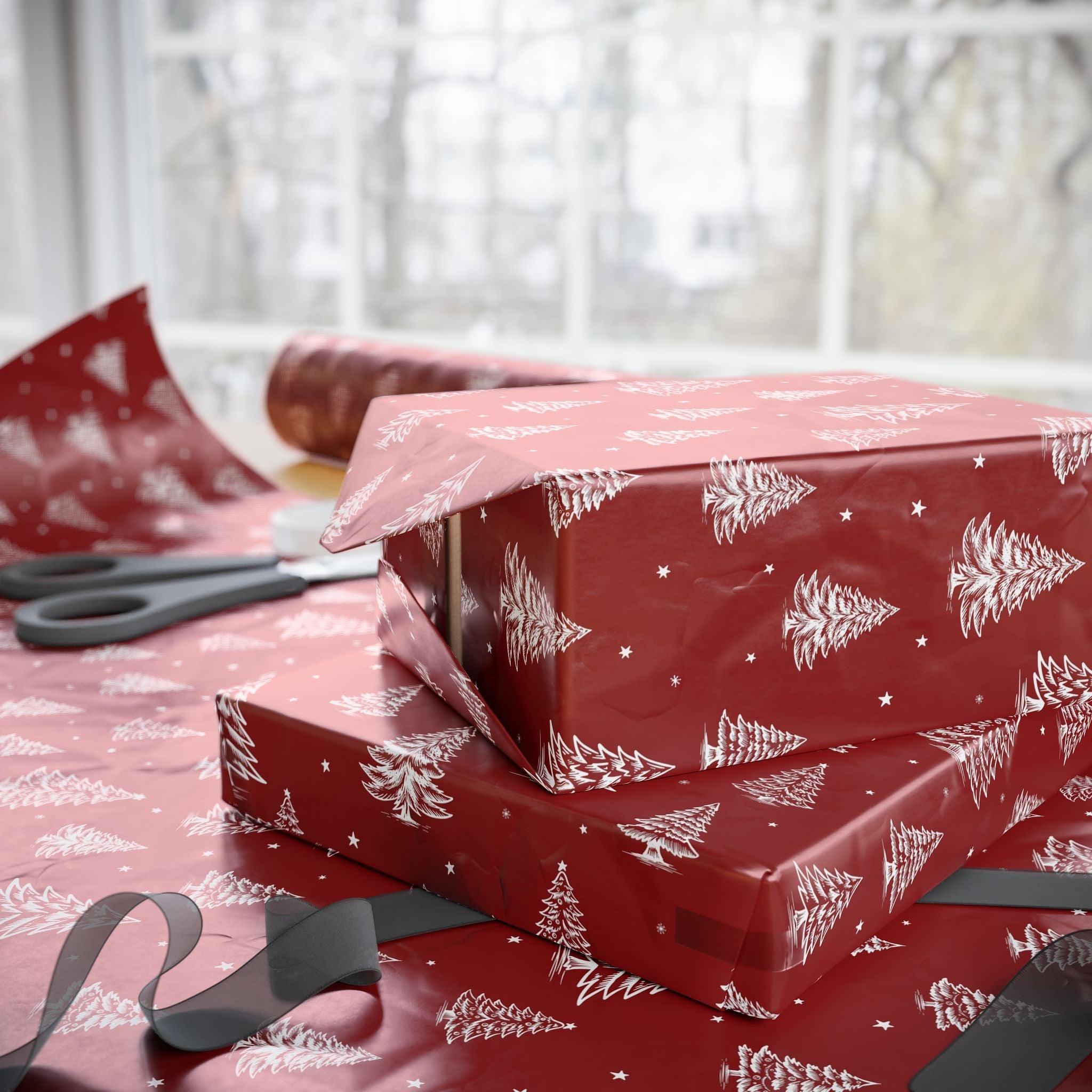 Christmas Wrapping Paper Roll - Festive Red Design with Trees & Stars - Love & Latte Co.