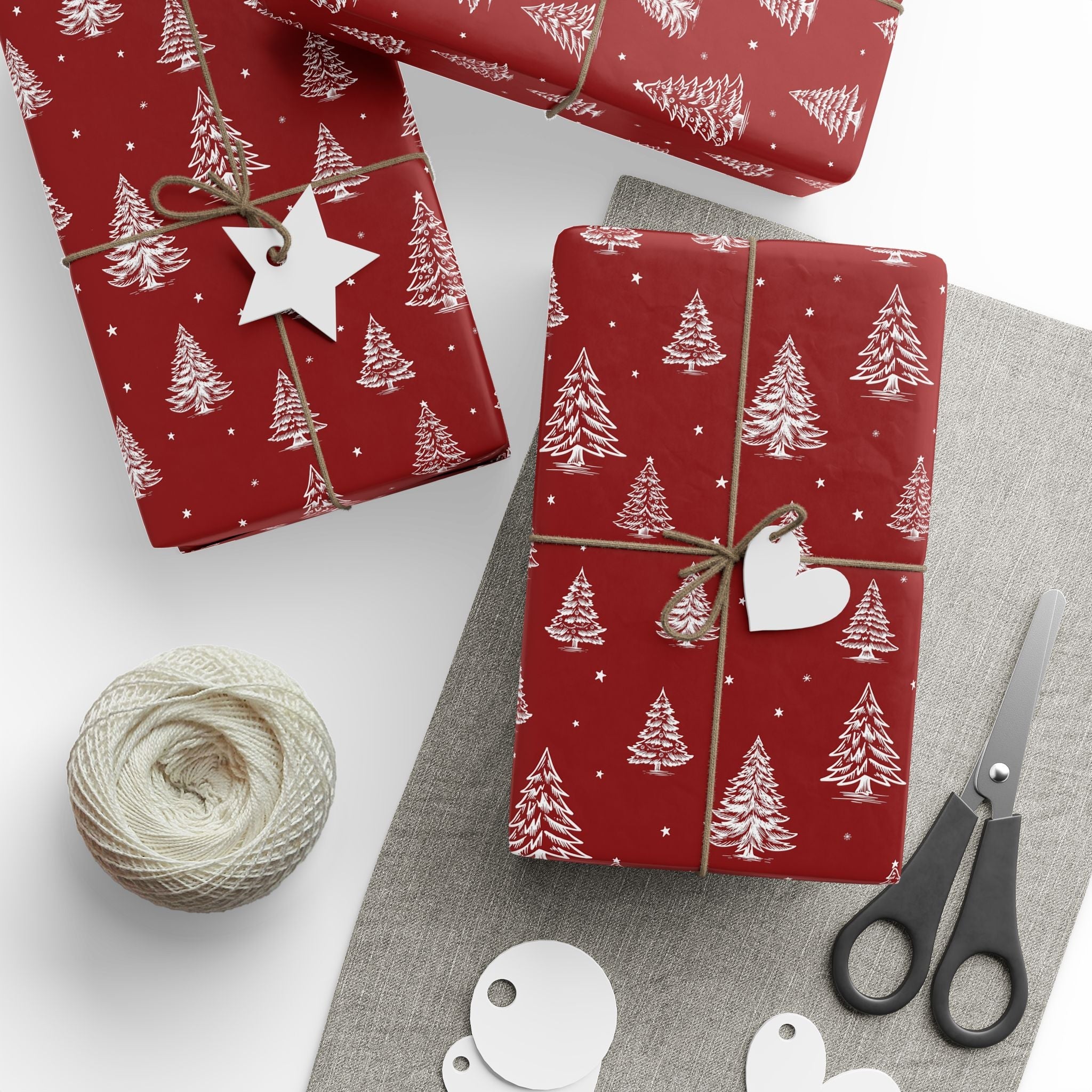 Christmas Wrapping Paper Roll - Festive Red Design with Trees & Stars - Love & Latte Co.