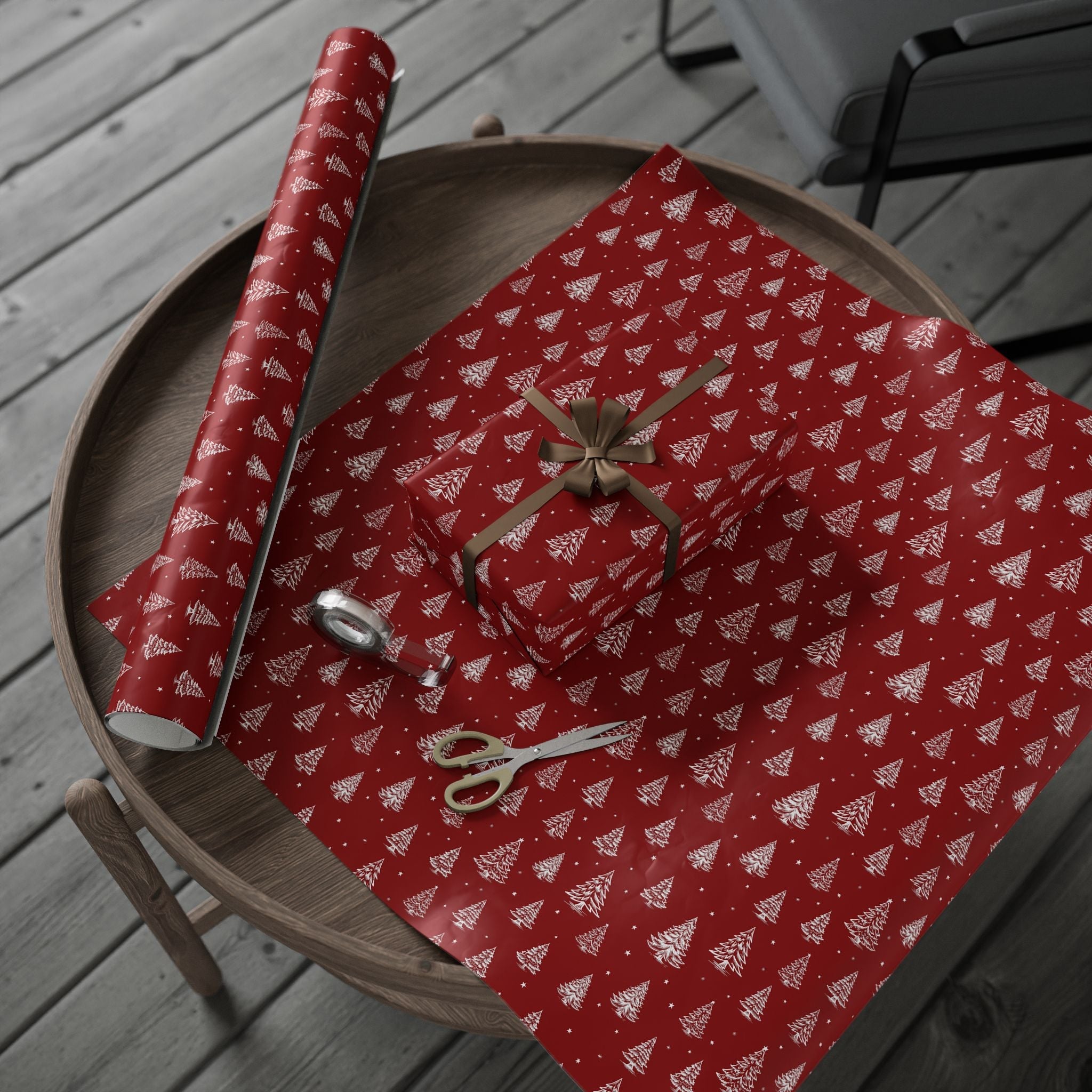 Christmas Wrapping Paper Roll - Festive Red Design with Trees & Stars - Love & Latte Co.