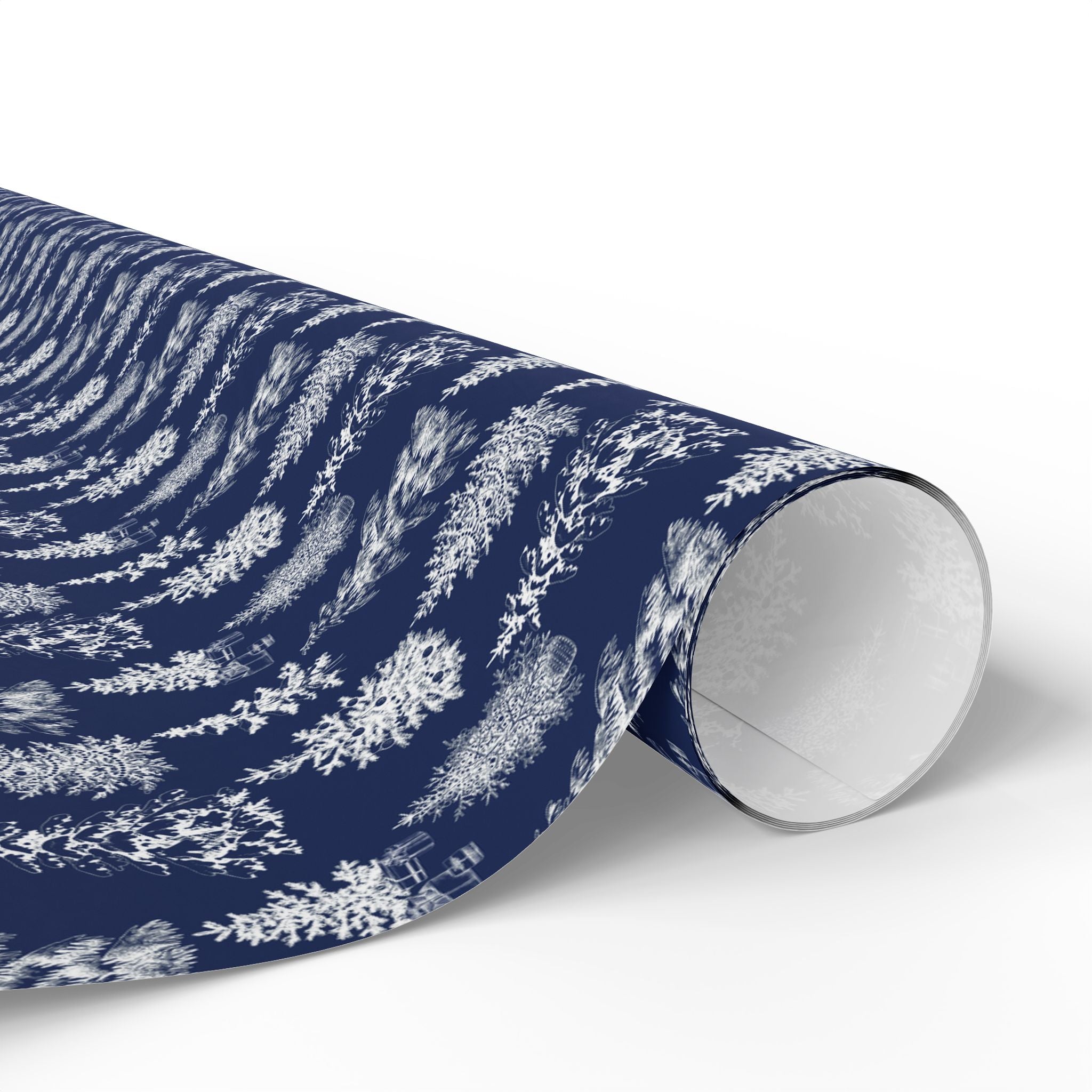 Holiday Wrapping Paper - Elegant Navy Snowy Pines Design - Love & Latte Co.