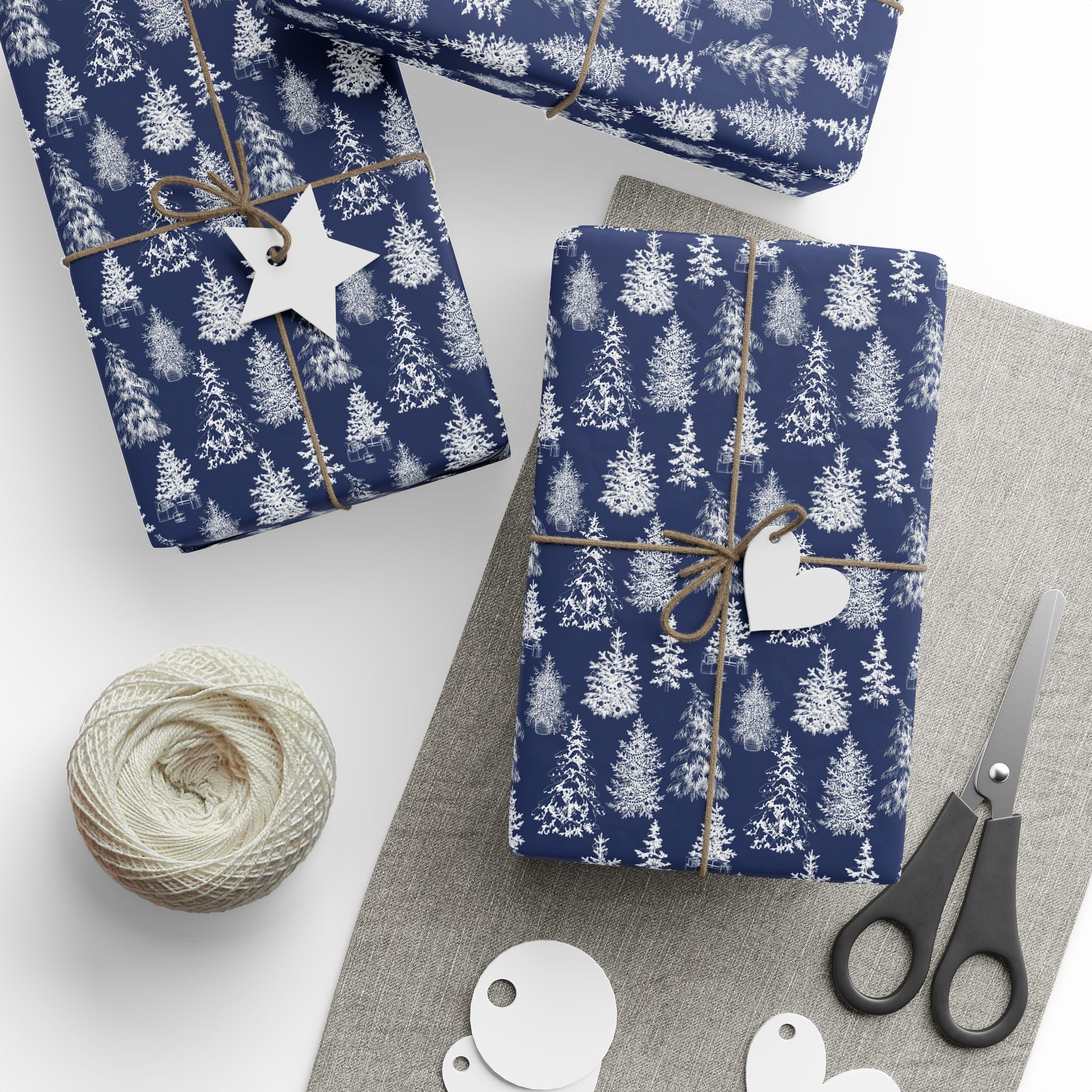 Holiday Wrapping Paper - Elegant Navy Snowy Pines Design - Love & Latte Co.