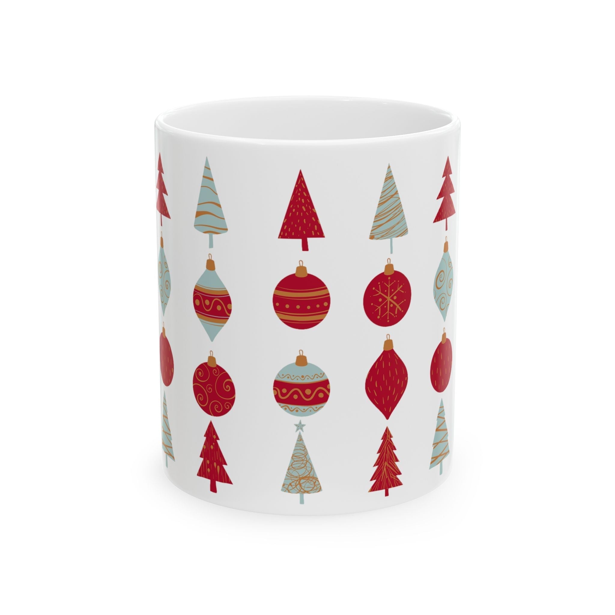 Festive Christmas Mug – Holiday Ceramic Coffee Cup with Tree & Ornament Design | Christmas Gift for Coffee Lovers
