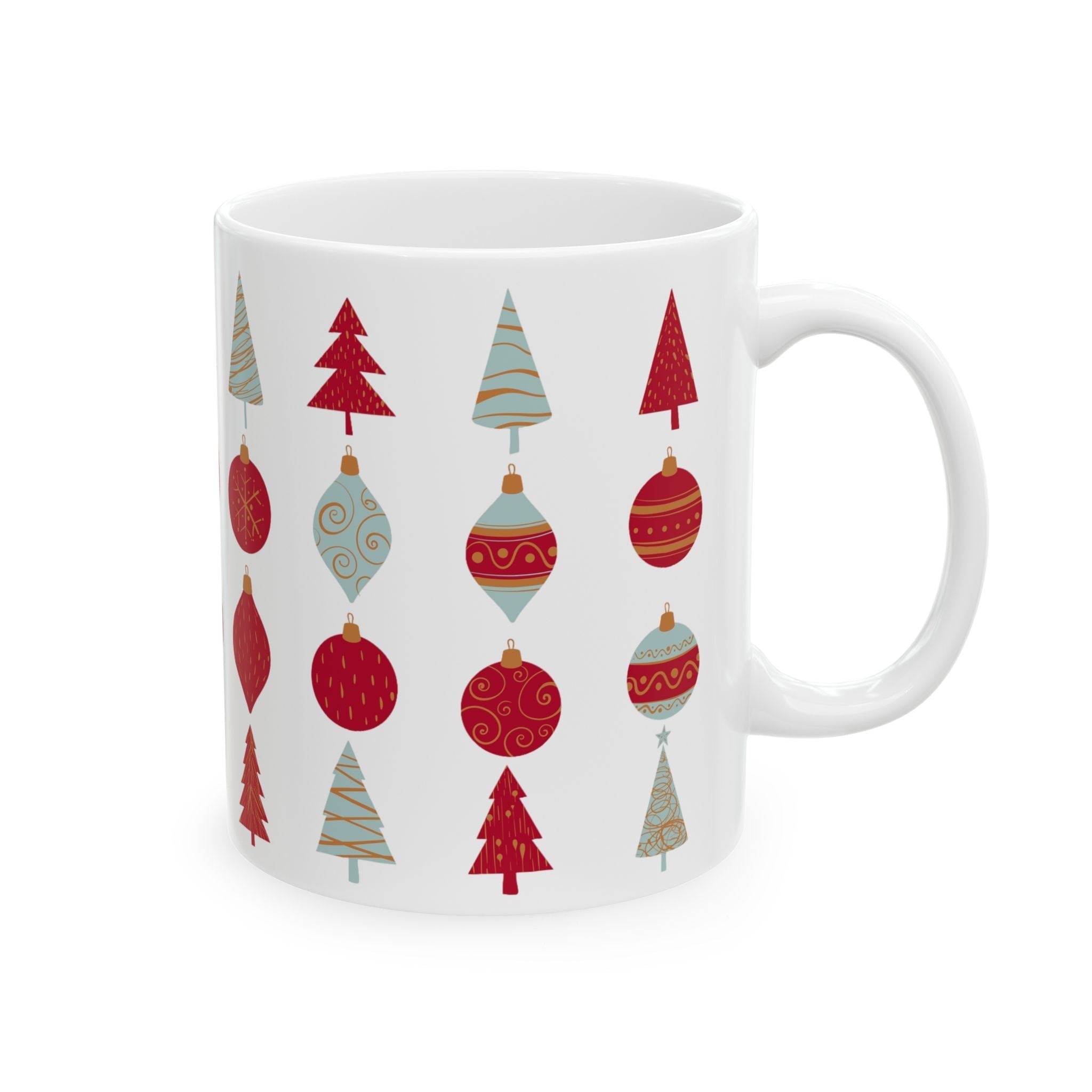 Festive Christmas Mug – Holiday Ceramic Coffee Cup with Tree & Ornament Design | Christmas Gift for Coffee Lovers