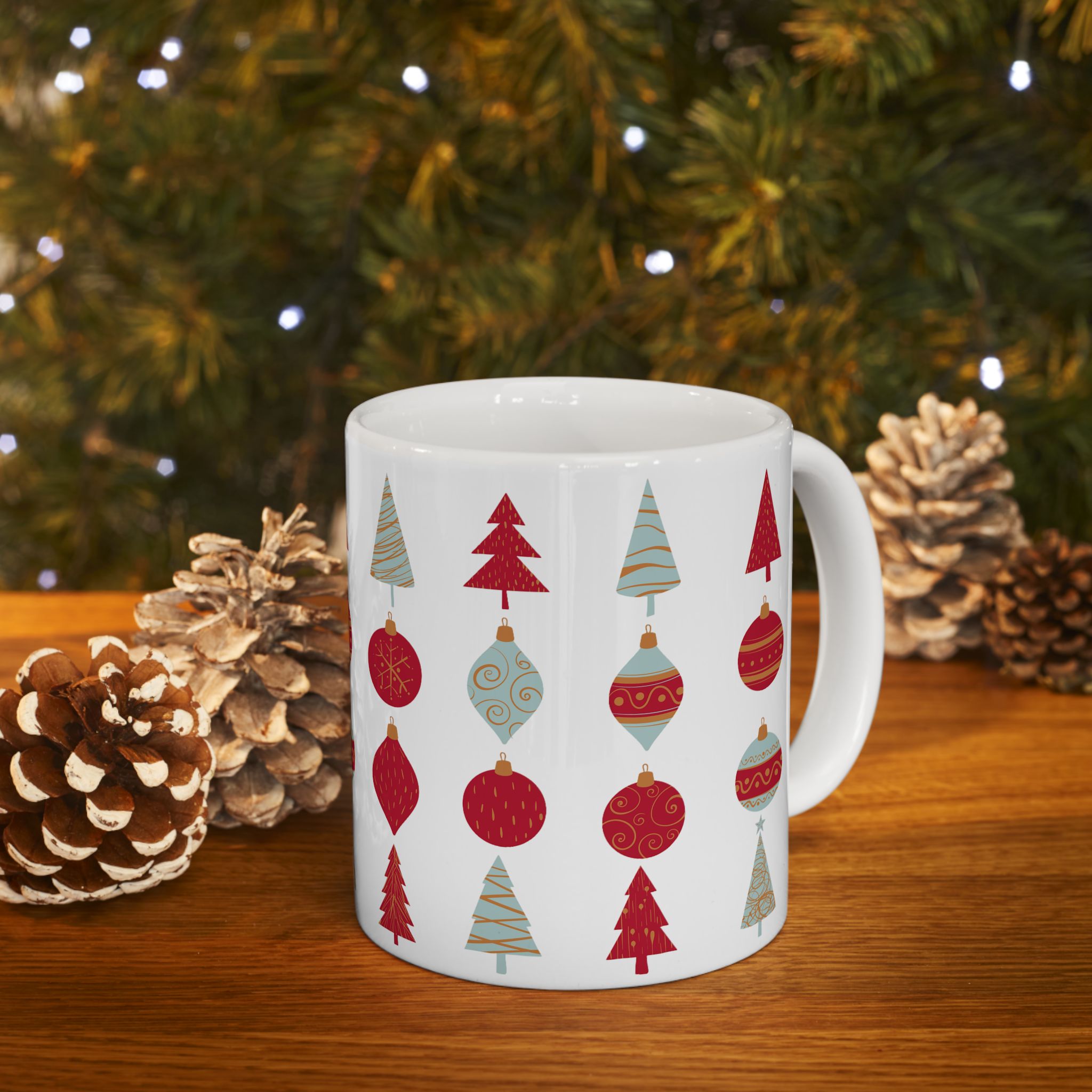 Festive Christmas Mug – Holiday Ceramic Coffee Cup with Tree & Ornament Design | Christmas Gift for Coffee Lovers