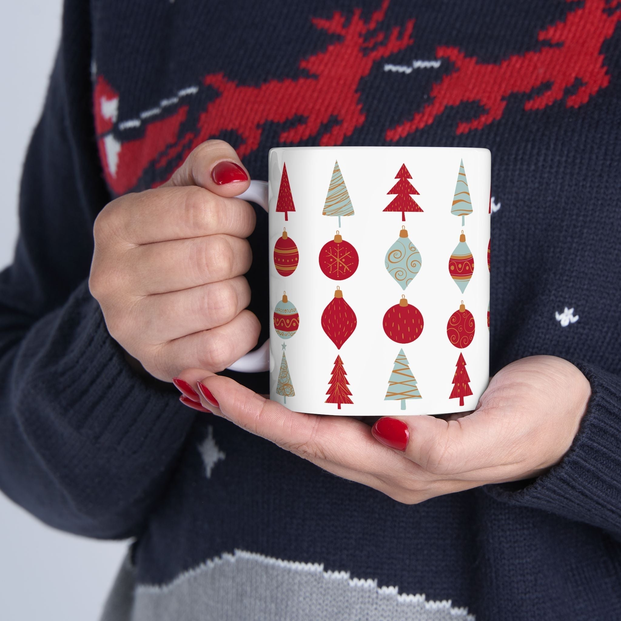 Festive Christmas Mug – Holiday Ceramic Coffee Cup with Tree & Ornament Design | Christmas Gift for Coffee Lovers