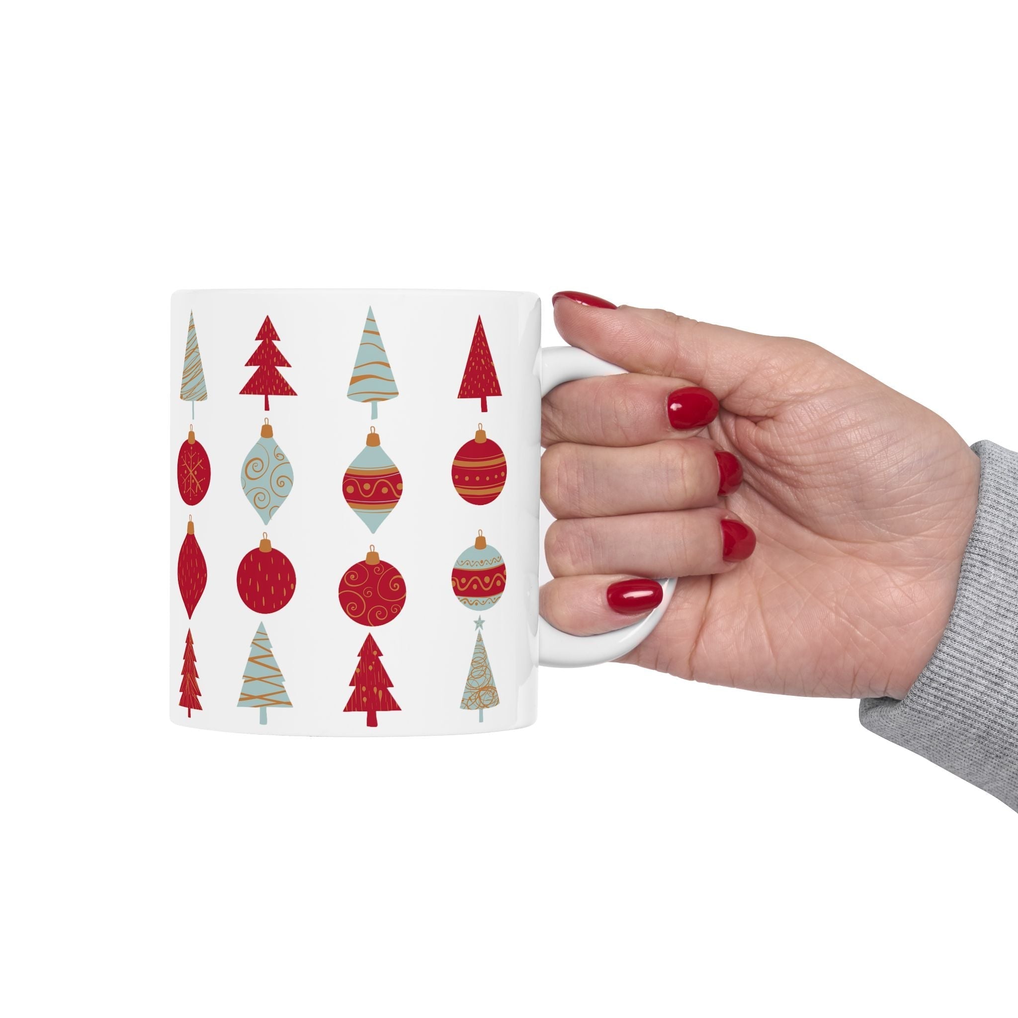 Festive Christmas Mug – Holiday Ceramic Coffee Cup with Tree & Ornament Design | Christmas Gift for Coffee Lovers