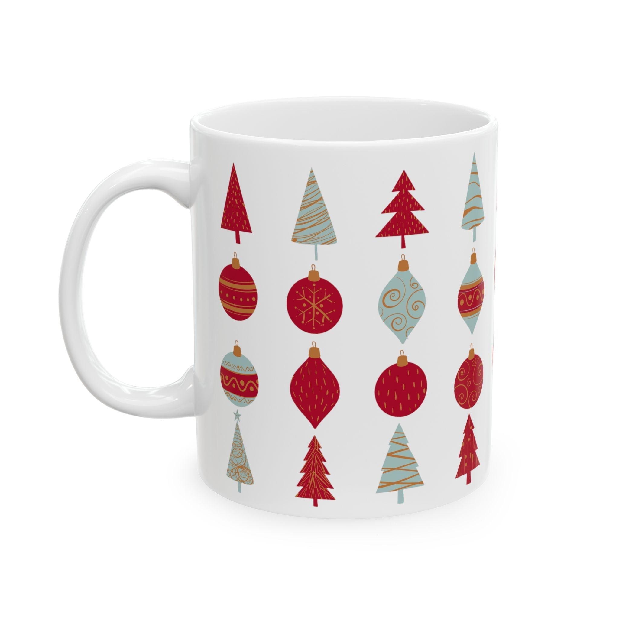 Festive Christmas Mug – Holiday Ceramic Coffee Cup with Tree & Ornament Design | Christmas Gift for Coffee Lovers