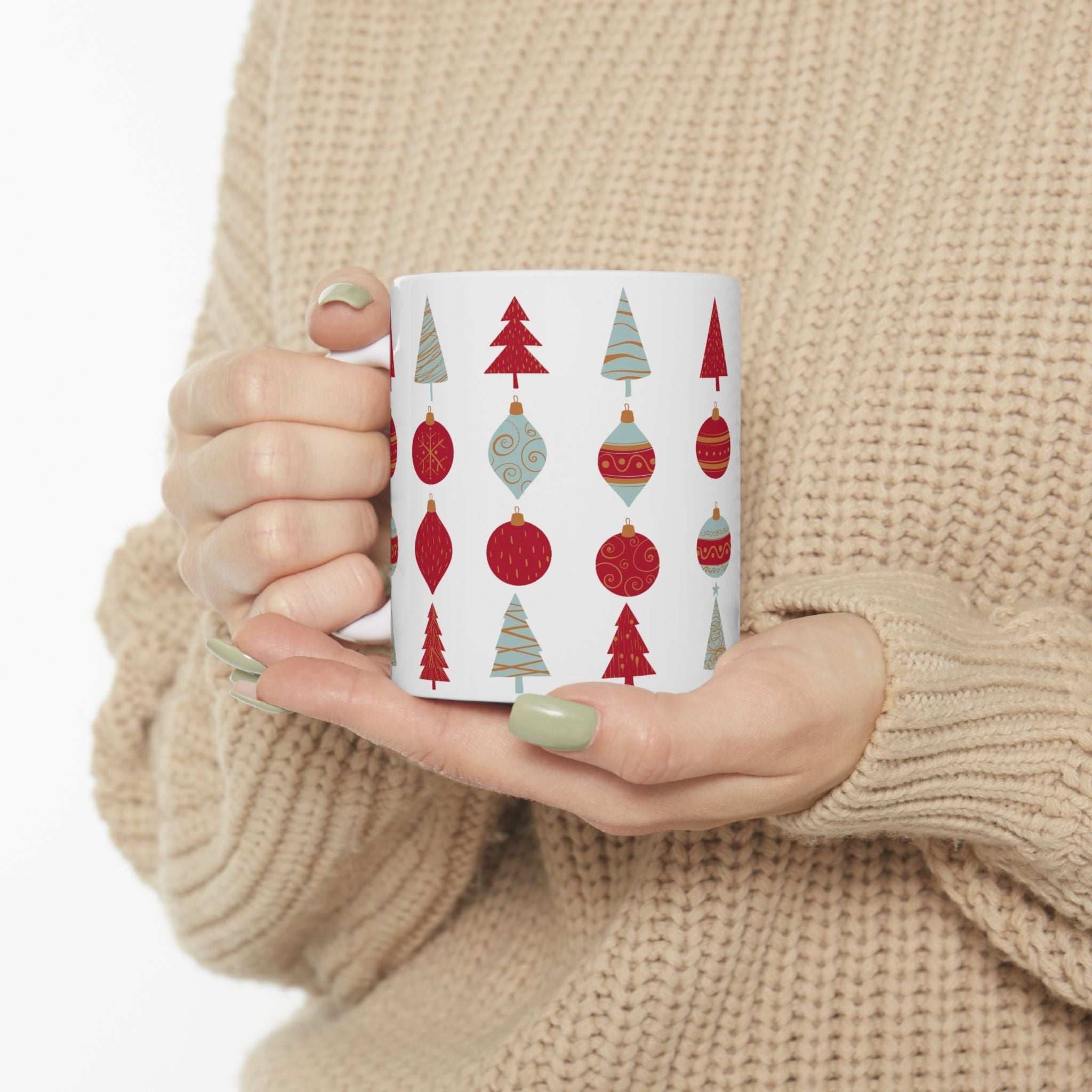 Festive Christmas Mug – Holiday Ceramic Coffee Cup with Tree & Ornament Design | Christmas Gift for Coffee Lovers