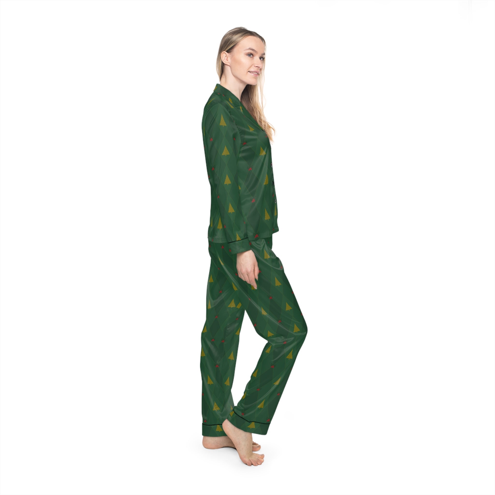 Women’s Satin Pajama Set – Cozy Christmas Comfort & Holiday Elegance: Holly Night Pajamas - Love & Latte Co.