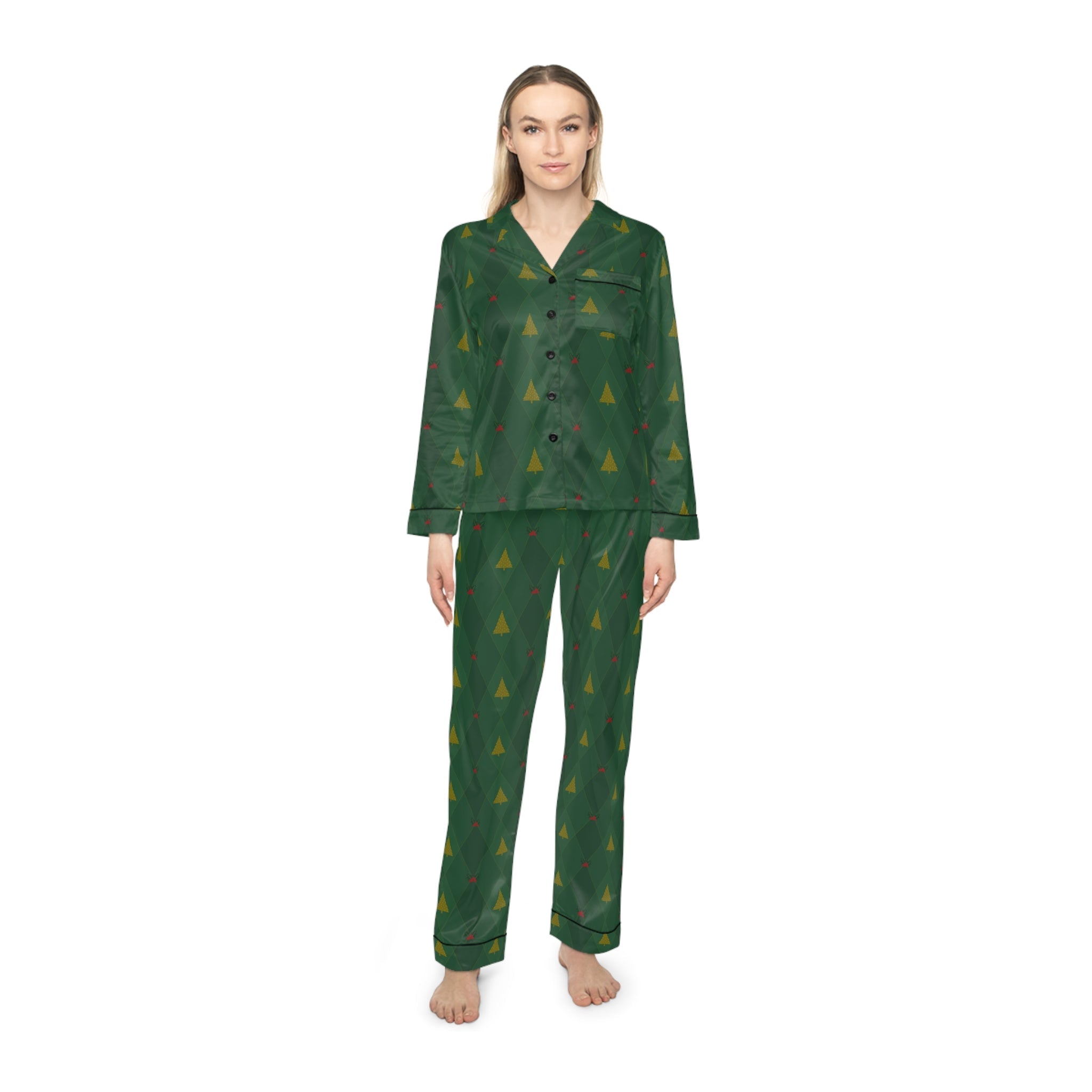 Women’s Satin Pajama Set – Cozy Christmas Comfort & Holiday Elegance: Holly Night Pajamas - Love & Latte Co.
